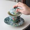 Guochao Hand-Painted Orchid Cover Bowl Two Cup Set Portable Cloth Bag Outdoor Tea Drinking High Value Light Luxury Travel Tea Set