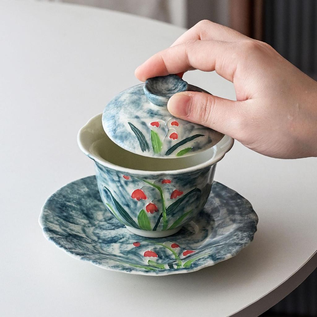 Guochao Hand-Painted Orchid Cover Bowl Two Cup Set Portable Cloth Bag Outdoor Tea Drinking High Value Light Luxury Travel Tea Set