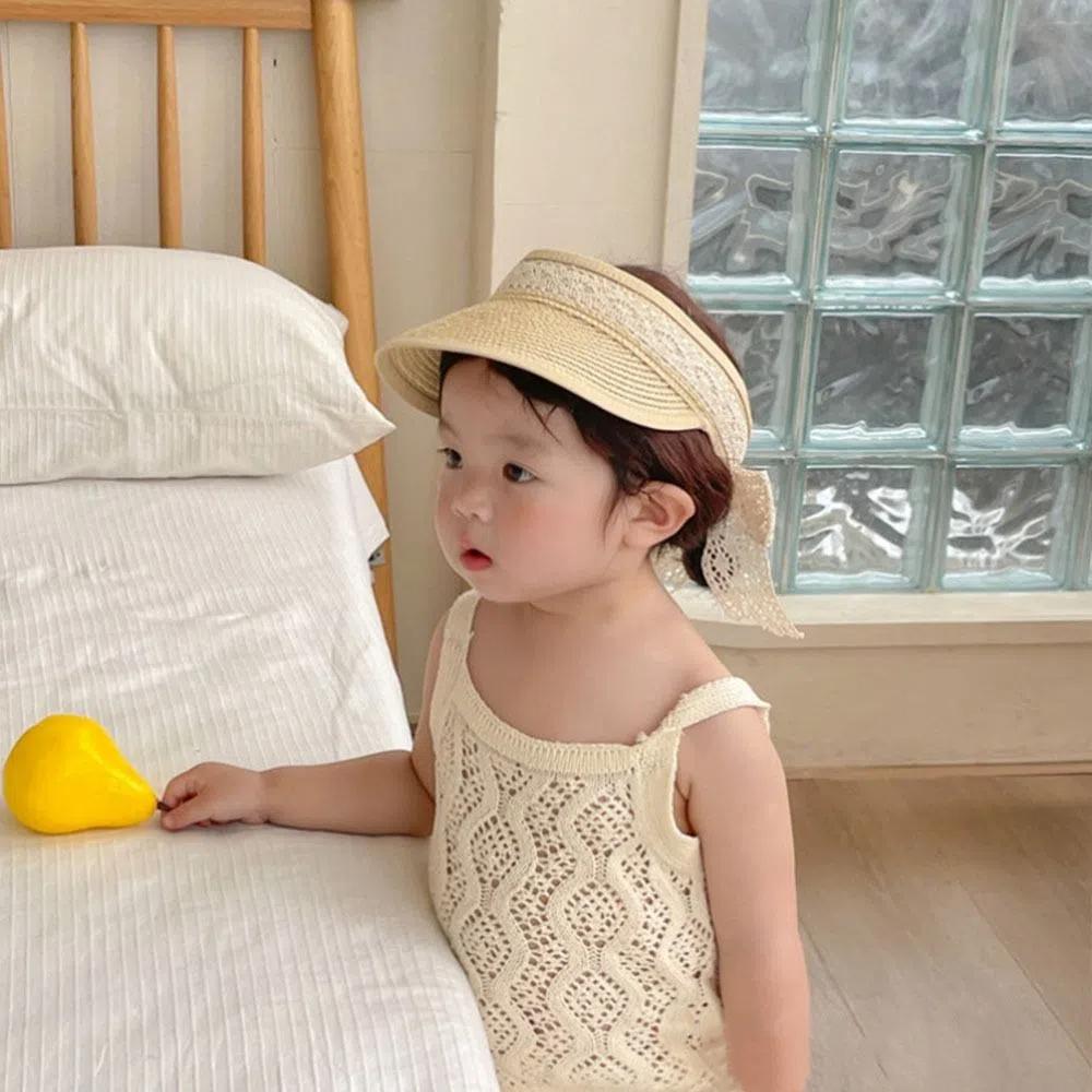 New Summer Baby Straw Caps Empty Top Beach Bow Lace Straw Hat Wide Brim Korean Children Sun Hat Vacation