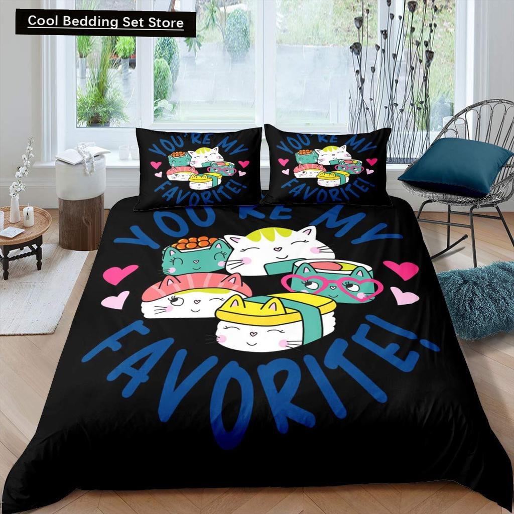 Japan Sushi Königin König Bettbezug Meeresleben Bettwäscheset Cartoon Japanisches Essen Bettdeckenbezug Bunt Polyester Bettdeckenbezug
