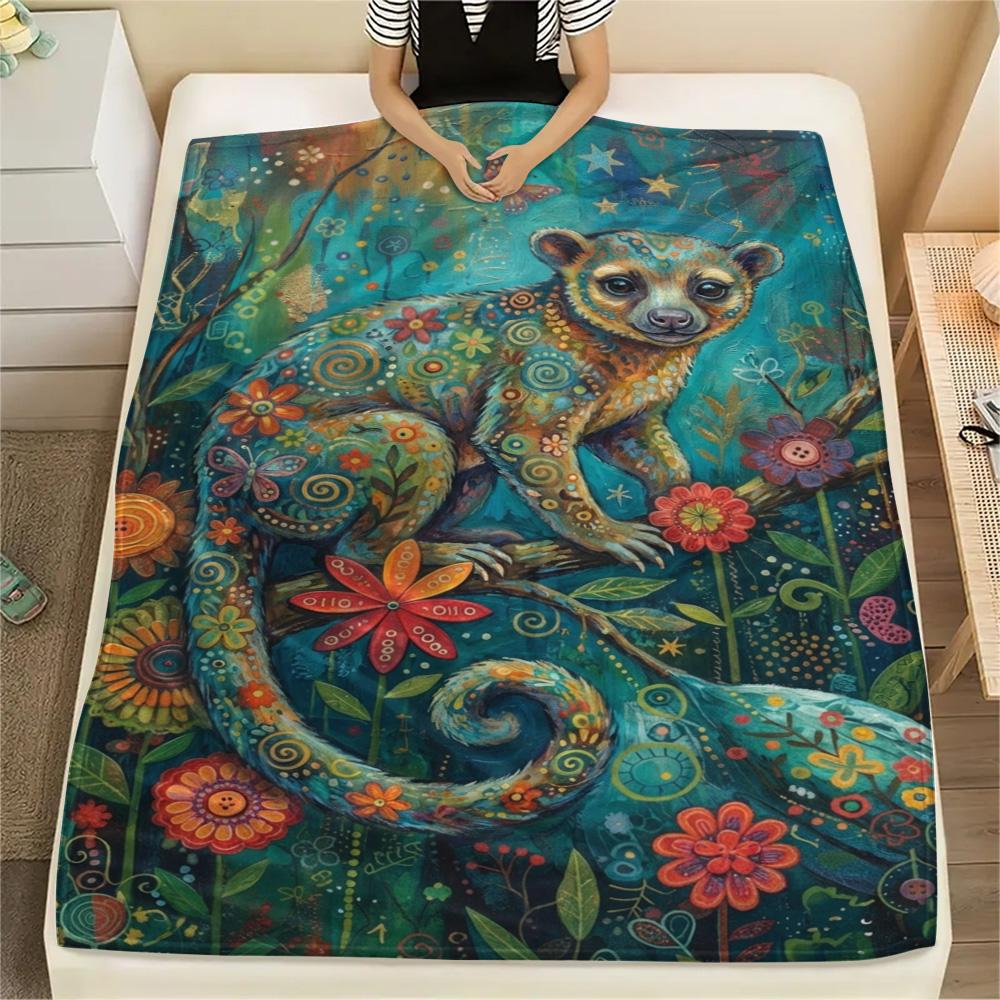1PC Bohemian Kinkajou Art Print FlAannel Blanket, High quality Comfortable for All Seasons, Home Decor, Warmth and Comfort