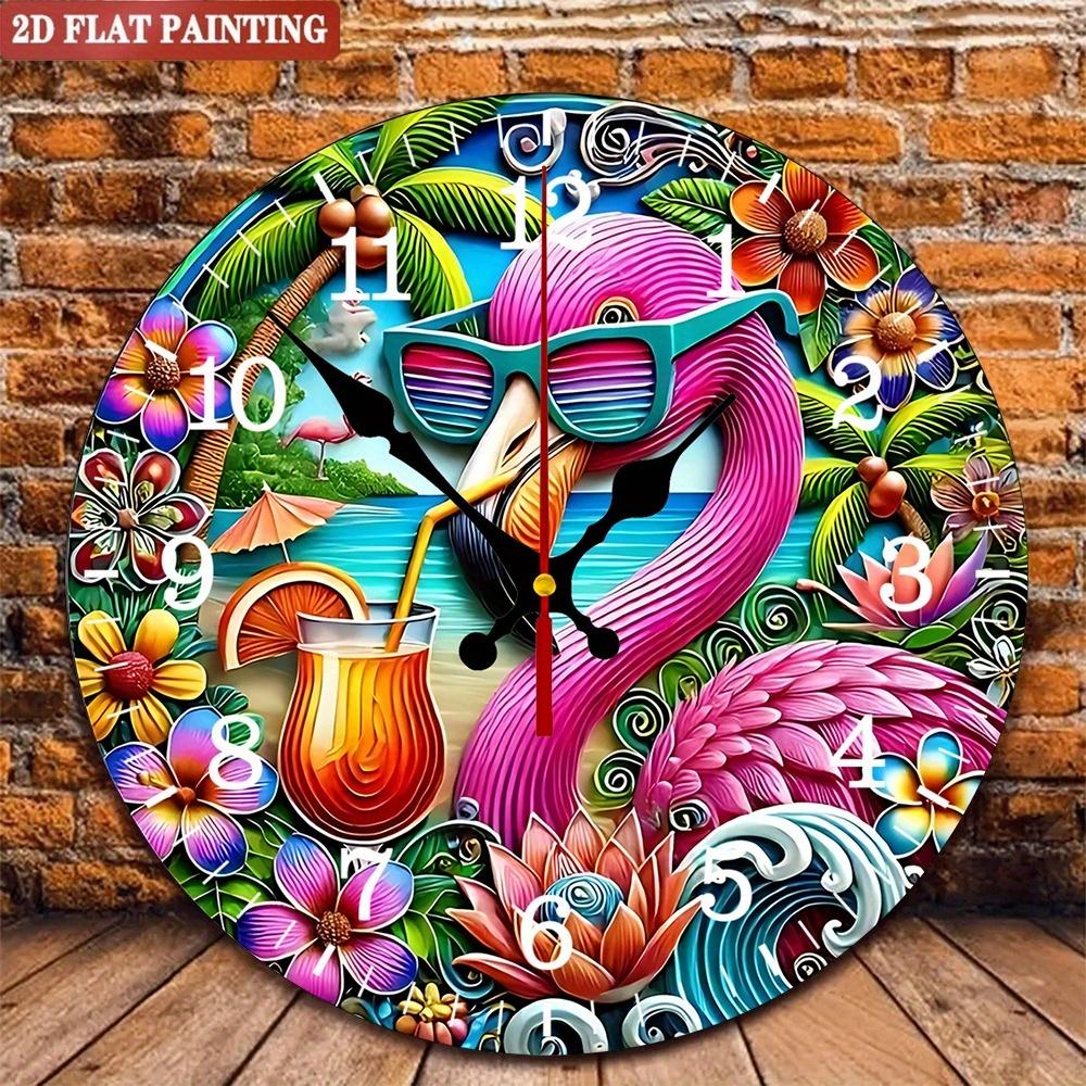 

Flamingo Wall Clock. Tropical beach theme for kitchen, living room or gift.