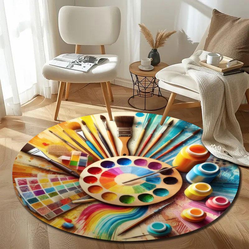 Playful Round Stained Glass Multicolor Rug Pad, Non-Slip Floor Mat for Dining Room