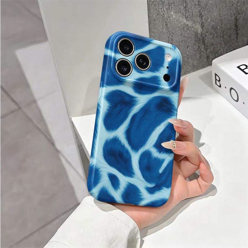 Textured Fuzzy Cyan Blue Animal Pattern Art Film Aesthetic Protective Shockproof Bumper Phone Case Cover For iPhone 14 15 16 Pro Max Plus