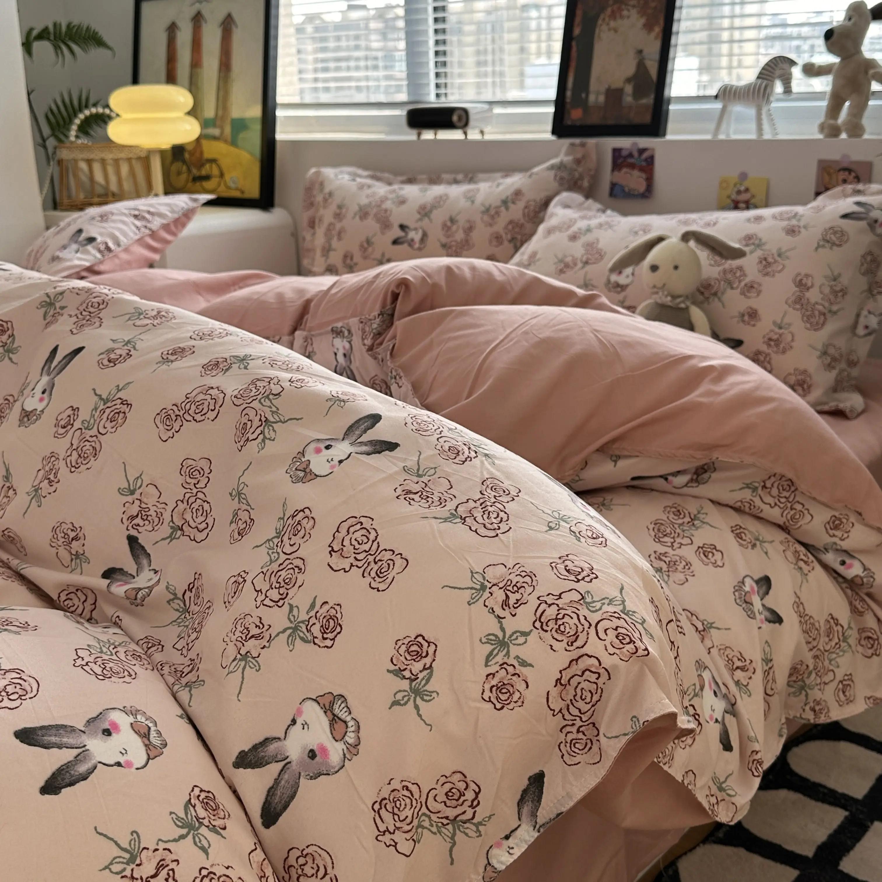 

Комплект постільної білизни з рожевими квітами Soft Ins Single Double Queen Size Duvet Cover Flat List Pillowcase Girls Home Totel Постільна білизна Flat Bed Sheet&Full 4pcs 180x220cm