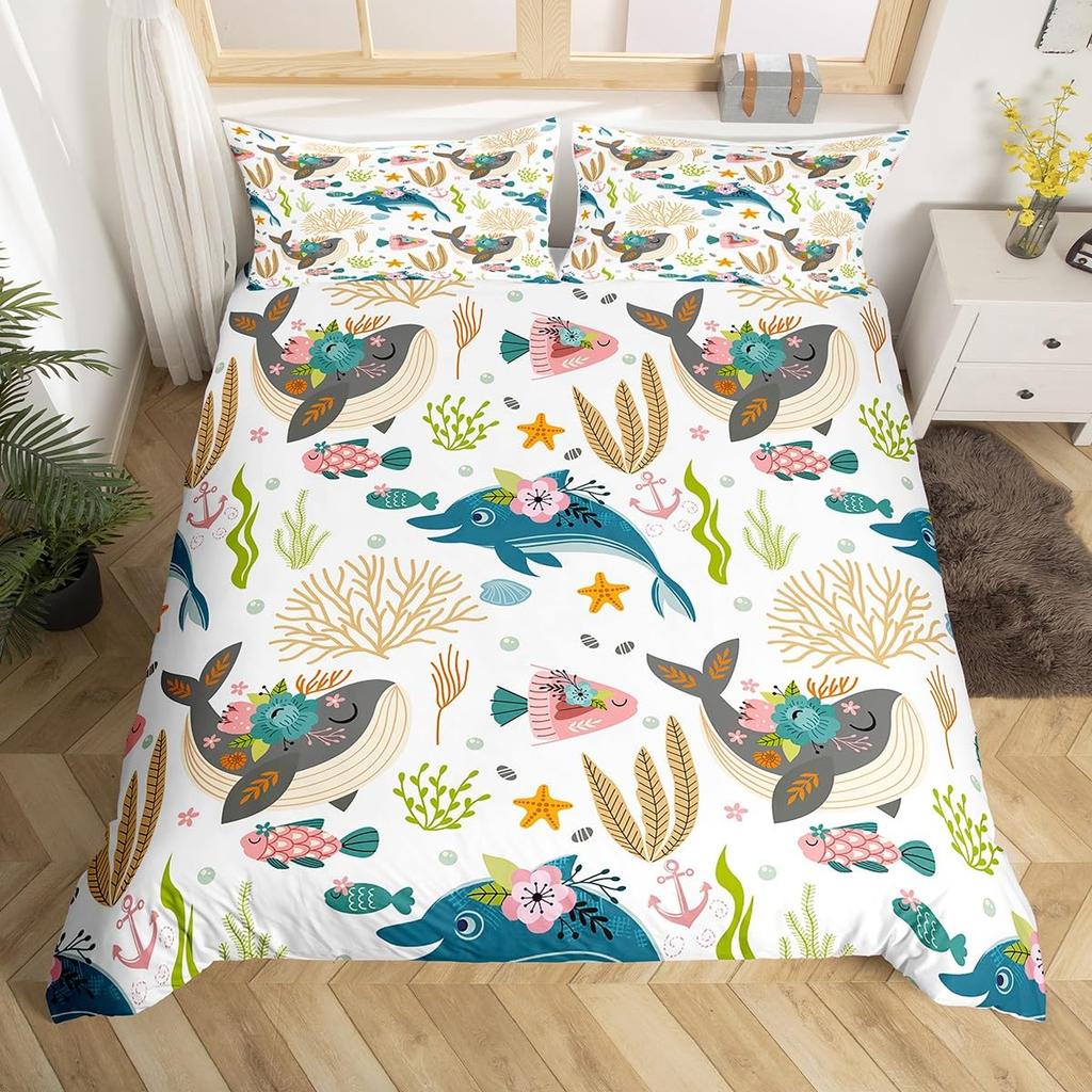 Comforter Sea Whale Bedding Set Queen Sizenautical Anchor Ship Rudder Plaid For Children Adultnavy Blue Ocean Geometric