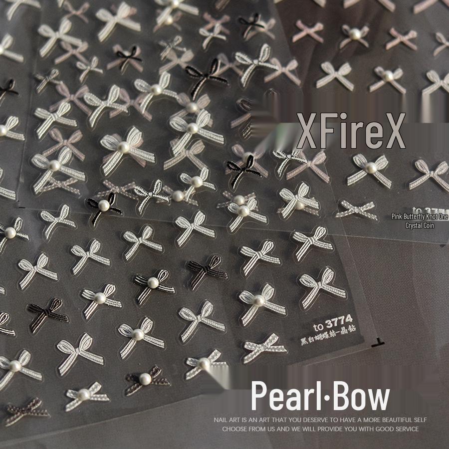 

5D Pearl Bow Crystal Nail Stickers - Embossed Organza Diamond Decals