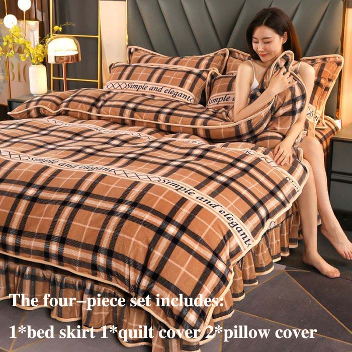 Silný mléčný samet Čtyřdílná sukně na postel Povlak na polštář Povlak na polštář Plus sametový teplý oboustranný povlak na přikrývku Sada ložního prádla