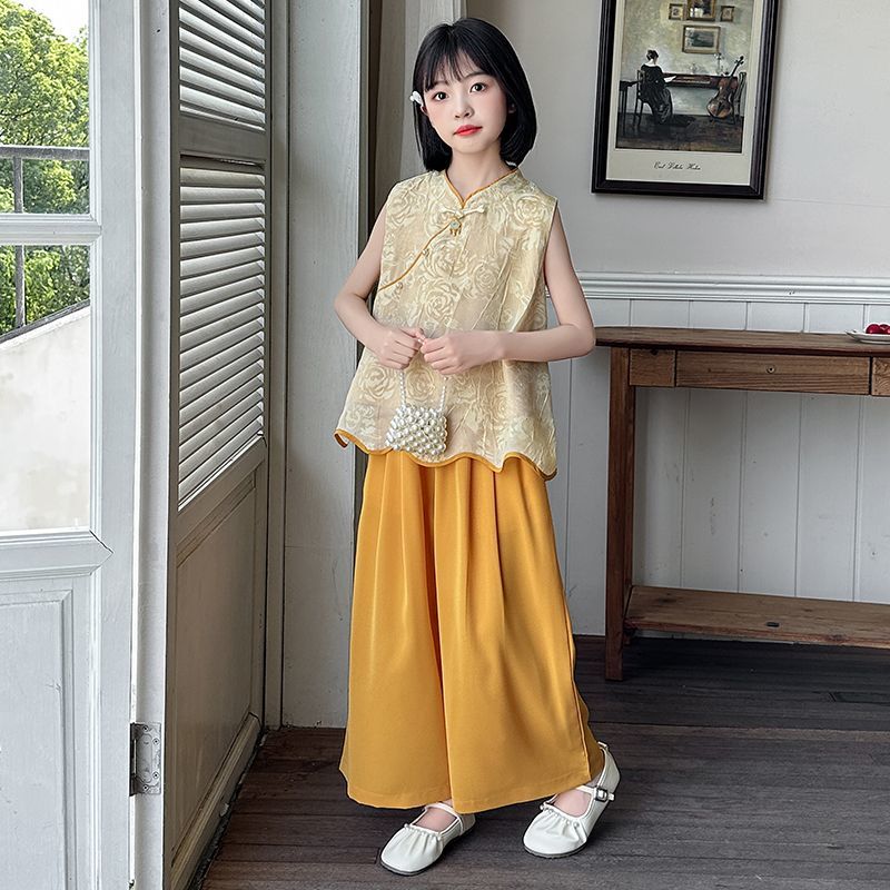 

Летний костюм среднего размера для девочки, жилет с вышивкой, брюки с широкими штанинами, модный комплект 170