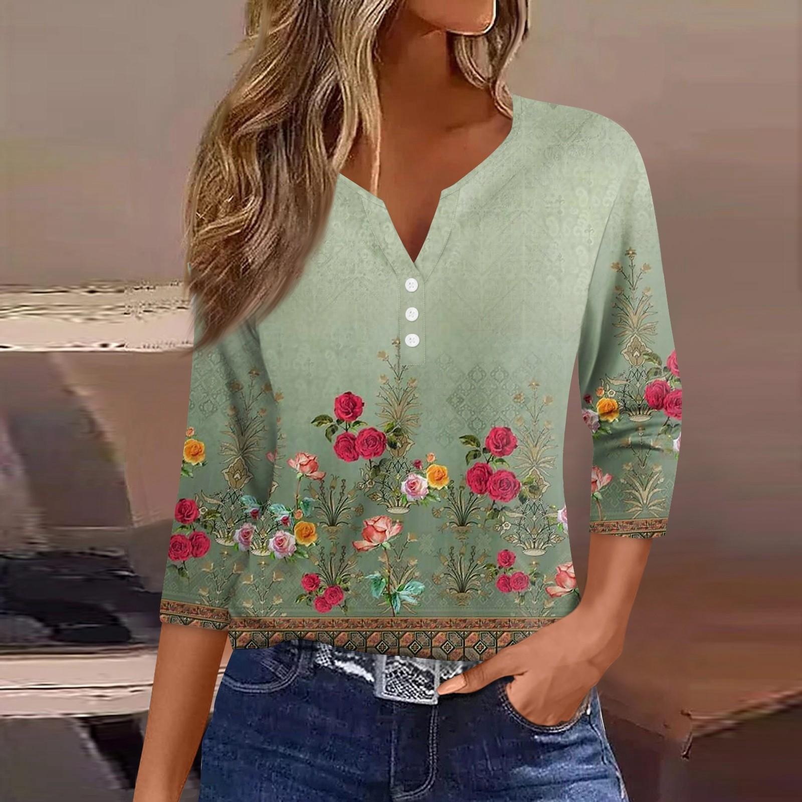 

Жен. Футболка Футболка С принтом Пуговицы Рукав 3/4 Повседневные Выходные Мода Классический Классический V-образный вырез Обычный Верх XL зелёный