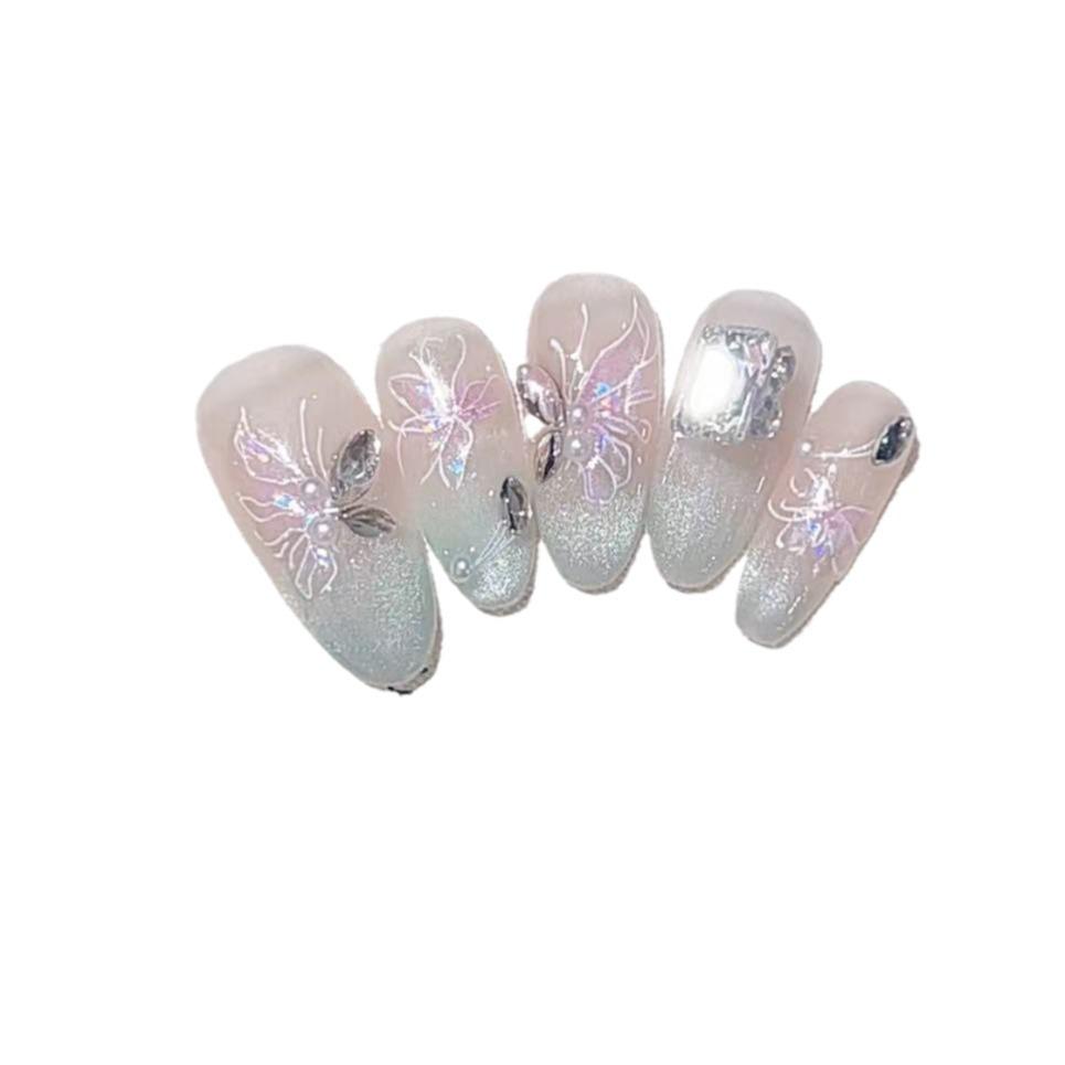 Pure Handmade Phototherapy Wear Nail Tablets Green Cat Eye Butterfly Soda Wear Nail Finished Product Reusable Nail Patches