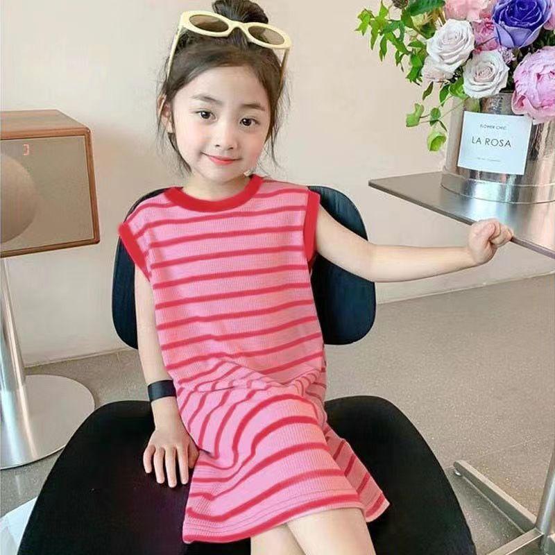 Summer Girls Block Striped Sleeveless Dress Trendy Princess Kids Fashion Vest Dress