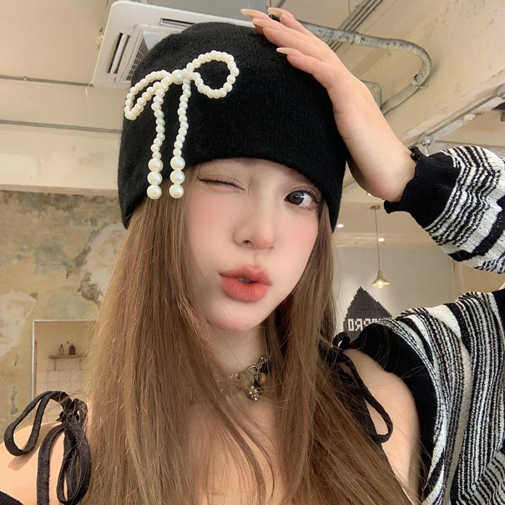 Ear Protector Pearl Bow Beanies Cap Casual Korean Wool Hat Stacking Knitted Bonnet Cap  Daily
