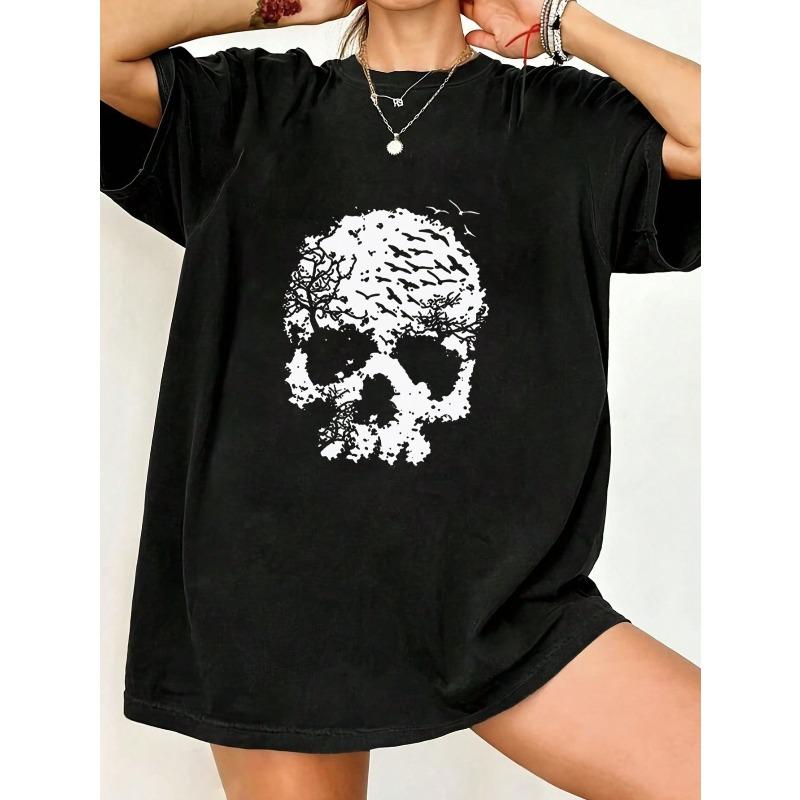 Black Oversized T Shirt With Skull Tree Print For Casual Wear
