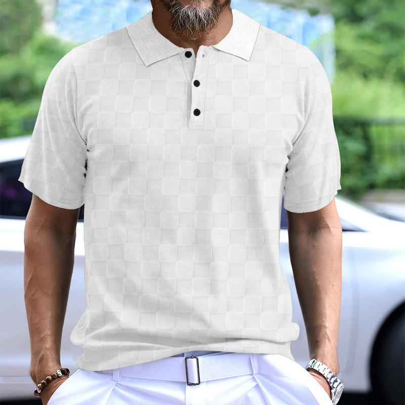 Men Casual Short Sleeve Lapel Check Jacquard Polo T Shirt S