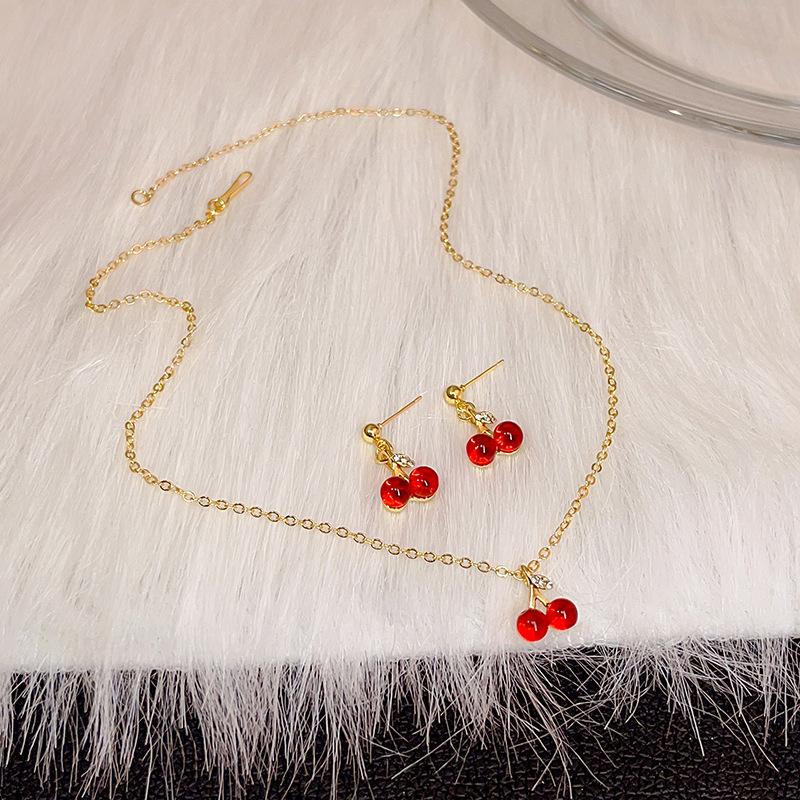 French Garnet Cherry Pendant, Burgundy Stud Earrings Necklace Set, Sweet Girly Factory.