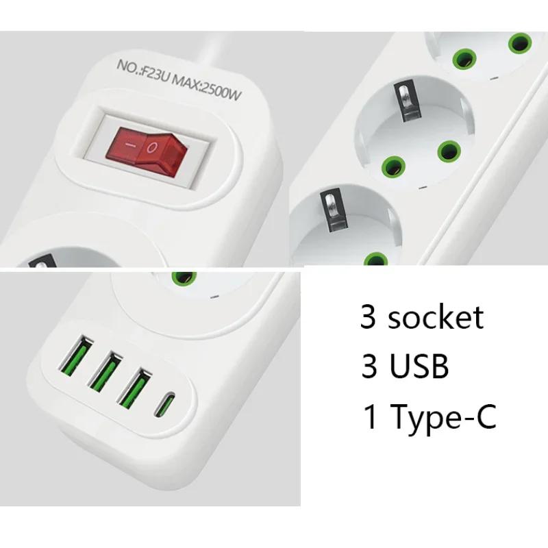 EU Plug Power Strip 3 AC Outlet Multitap Extension with 4 USB Ports 2m Cord Electrical Socket 2500W Fast Charge Surge Protector