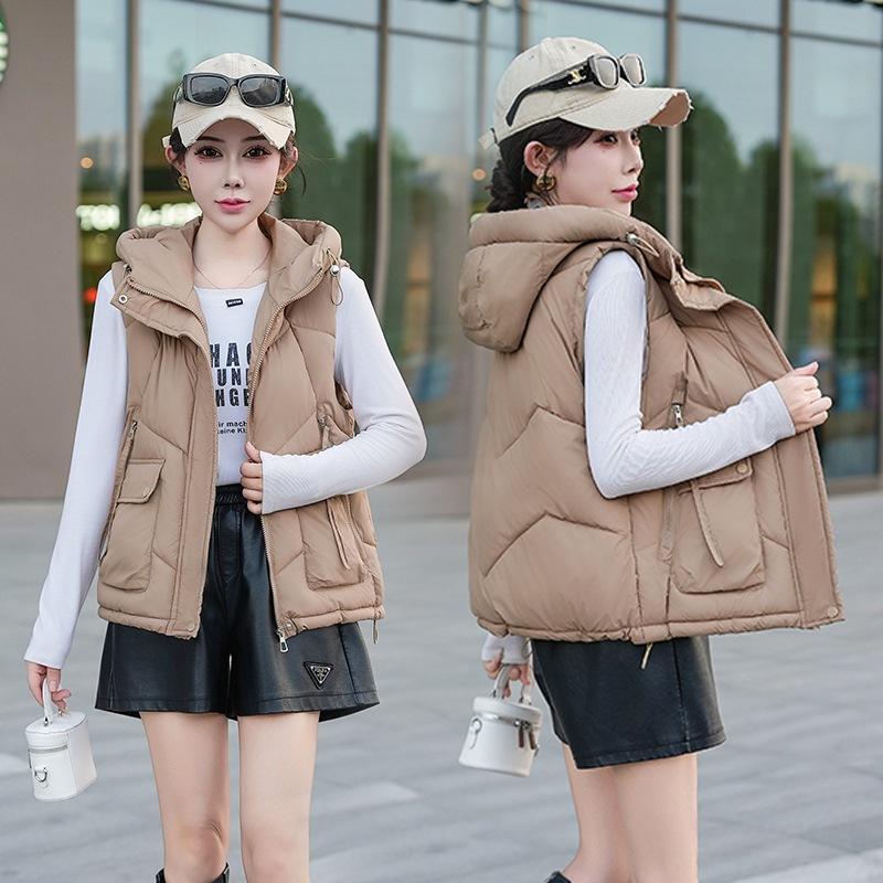 

Осенне-зимний модный жилет женский короткий тонкий свободного кроя однотонный жилет жилет куртка с капюшоном XXL хаки