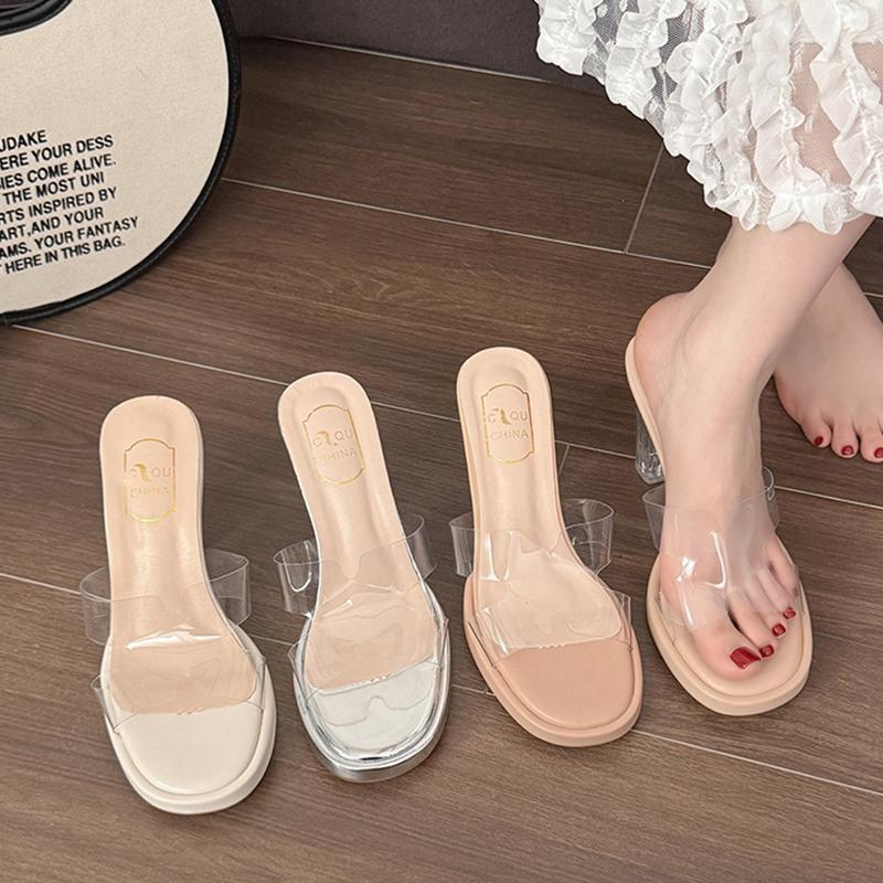 Fashion Female Shoes Ladies' Slippers Platform Transparent Heel Glitter Slides Square Heel Heeled Mules 2025 Jelly Summer Block High