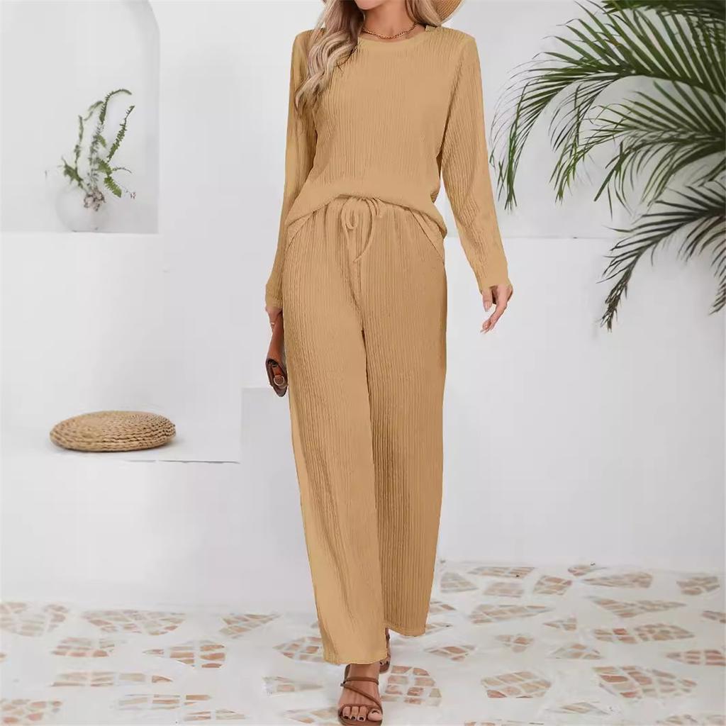 Women's Sets Casual Loose Knitted Jacquard Long-sleeved Crew Neck Top High Waist Drawstring Trousers