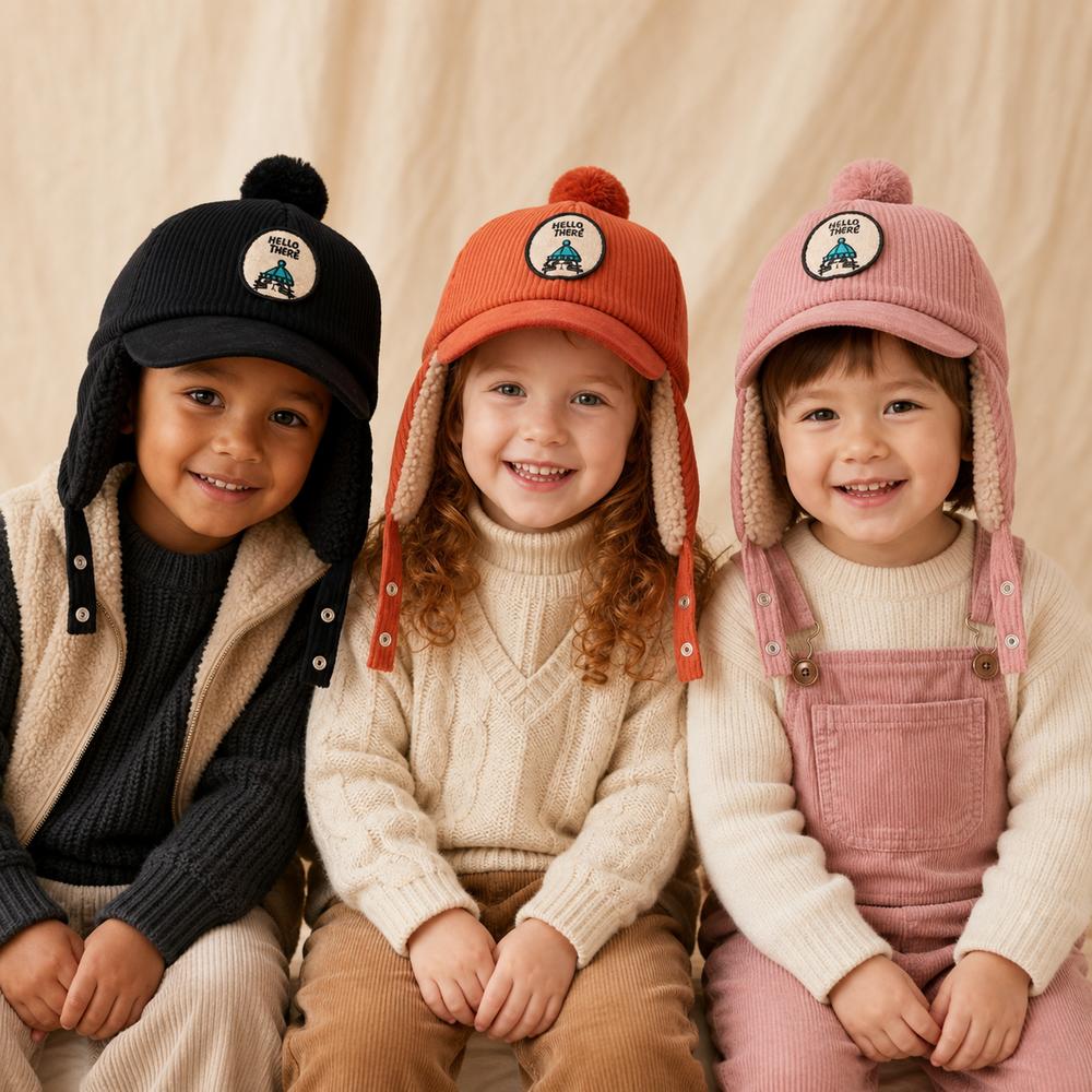 Solid Color Baby Ear Protection Cap Faux Lamb Fleece Lining Toddler Kids Cap For Boys And Girls
