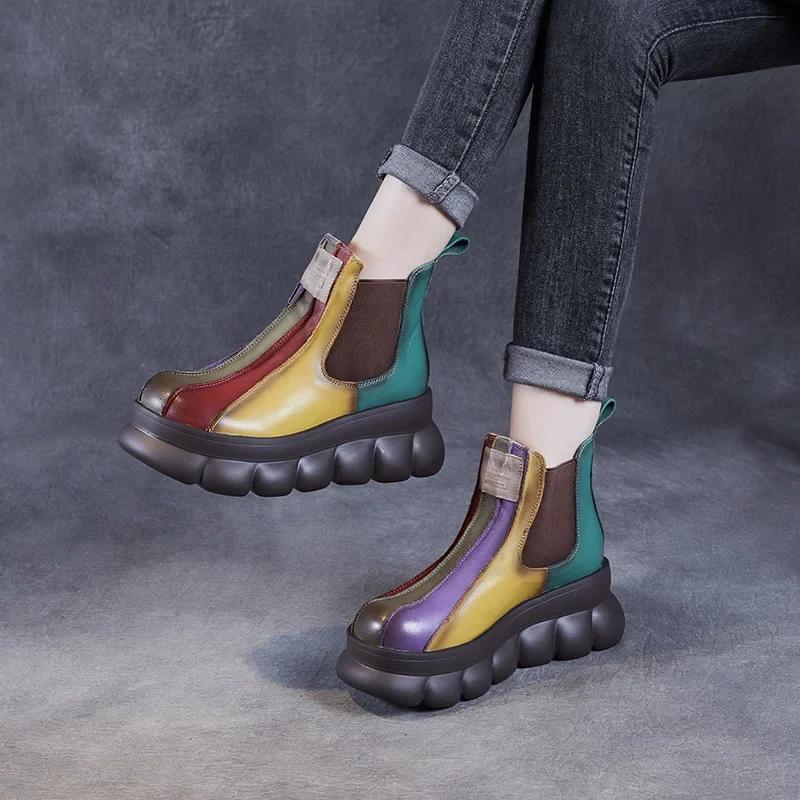 7cm Women Boots Genuine Leather Wedge Spring Mixed Color Chimney Fashion Ankle Elastic Platform Moccasins Autumn Shoes