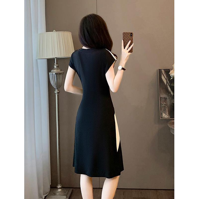 Estate Elegante Moda Patchwork Midi Vestido Donna Temperamento Manica Corta A-line Abito Signore Casual Vita Slim
