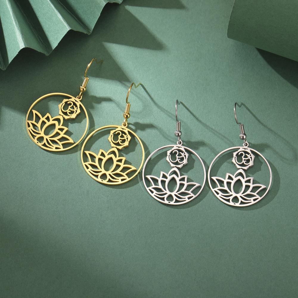 Dawapara Yoga Lotus OM Symbol Dangle Earrings for Women Girls Aum Ohm Spiritual Amulet Chakra Pendant Stainless Steel Jewelry