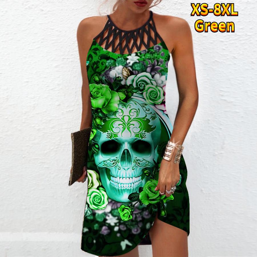 Summer Fashion Sexy Sleeveless Dress Soft Casual 3D Rose Skeleton Print Dress Sleeveless Sling Dress Summer Suspender Dress