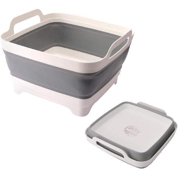 2.4 Gal(9L) Collapsible Dish Basin, Foldable Wash Basin with Drain Plug, Portable Dish Tub Space Saving Multiuse Sink Tub for Baby Bottles, Fruit,