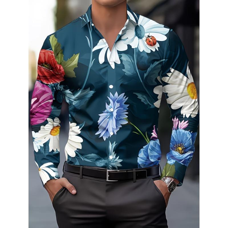 New Gold-plated Floral Print Men's Long Sleeved Shirt, Light Luxury Retro Court Style Shirt, Business Casual Trendy Top