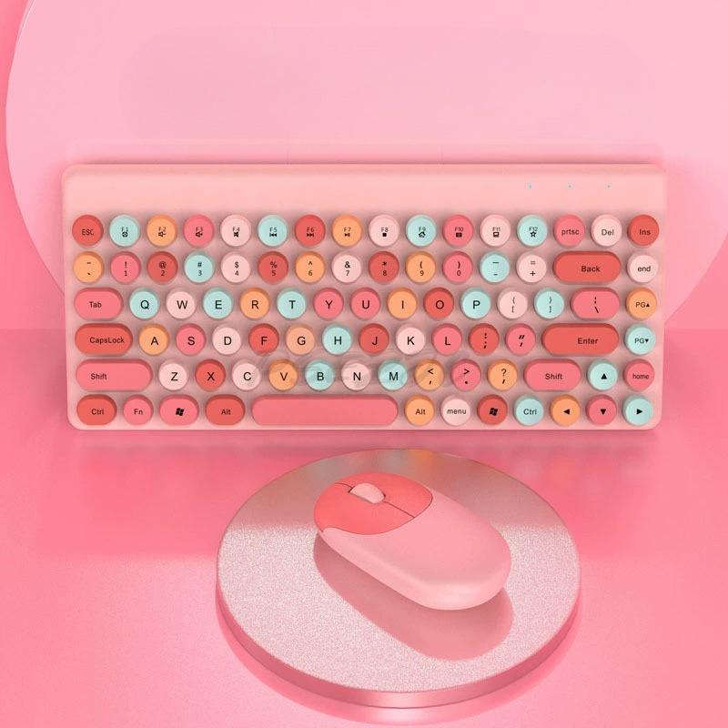 Portable Wireless Keyboard and Mouse Set Circular Keycaps Compact Computer Peripherals Office Games RGB Lighting Effects