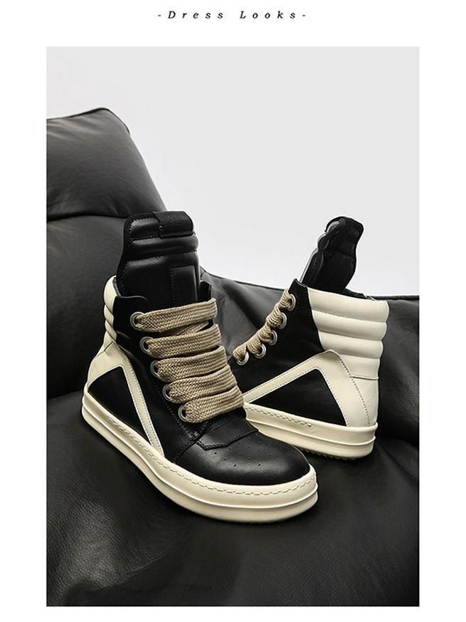 2024 Autumn/Winter Men's Trendy Genuine Leather High-Top Black & White Thick-Soled Boots