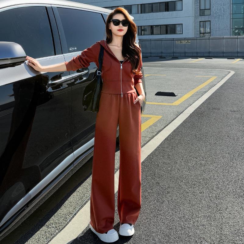 Women s Spring & Autumn Street Style Set: Chic Hooded Zipper Jacket & Wide-Leg Pants Small
