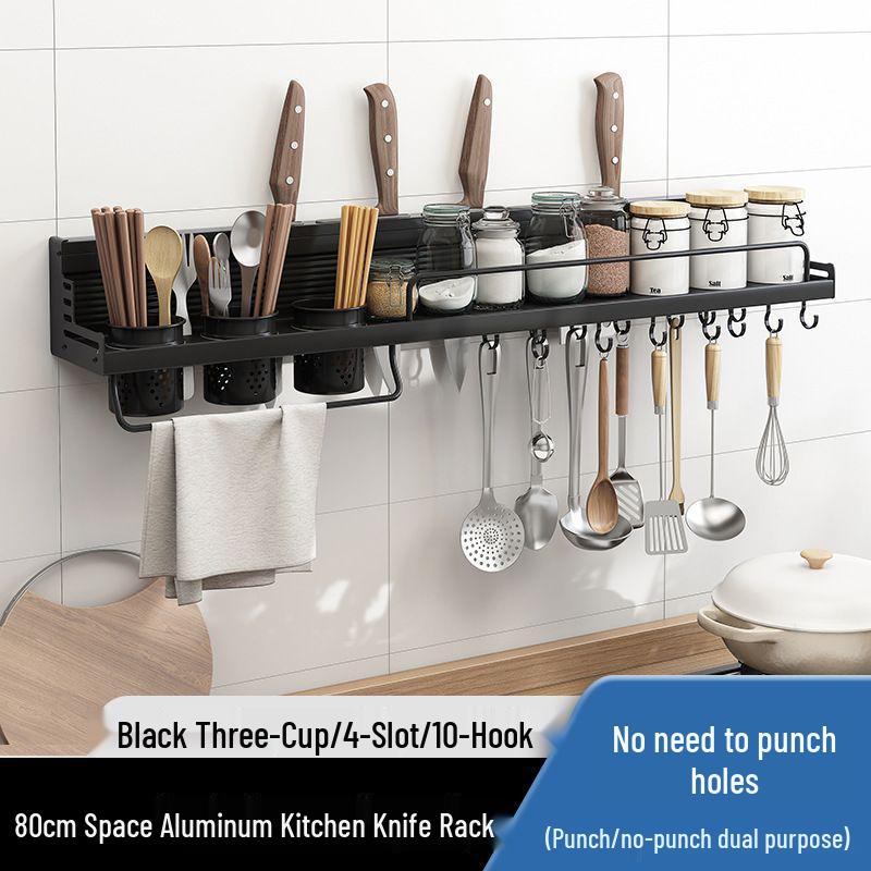 Punch-Free Aluminum Kitchen Wall Organizer: Multifunctional Rack for Utensils, Knives, Seasonings, and Chopsticks