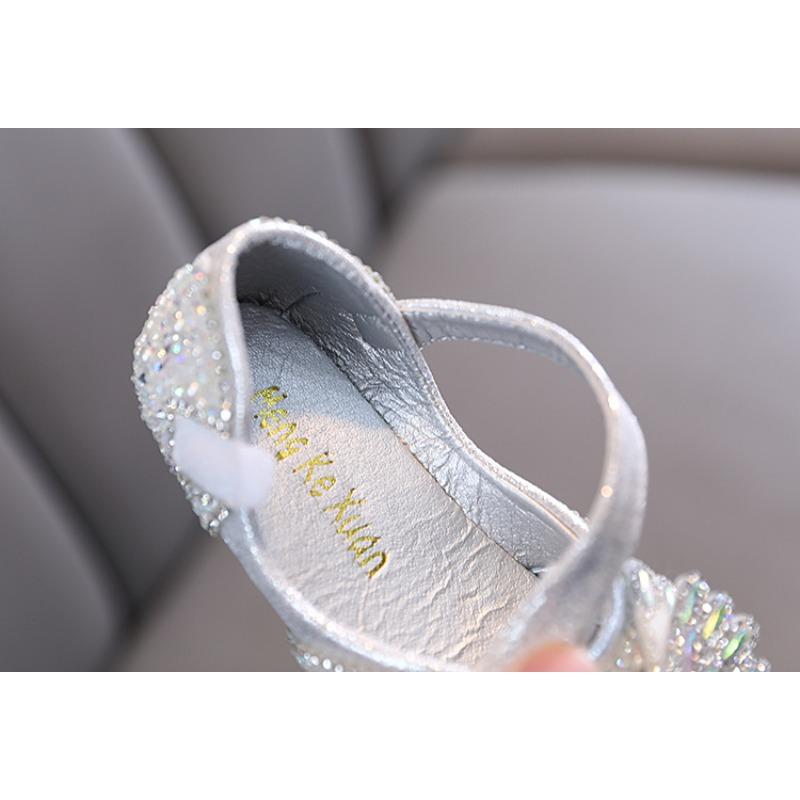 Spring-summer small/medium/large Korean-style girls' princess peep-toe rhinestone bowknot mesh flat shoes, leather shoes, performance dance shoes