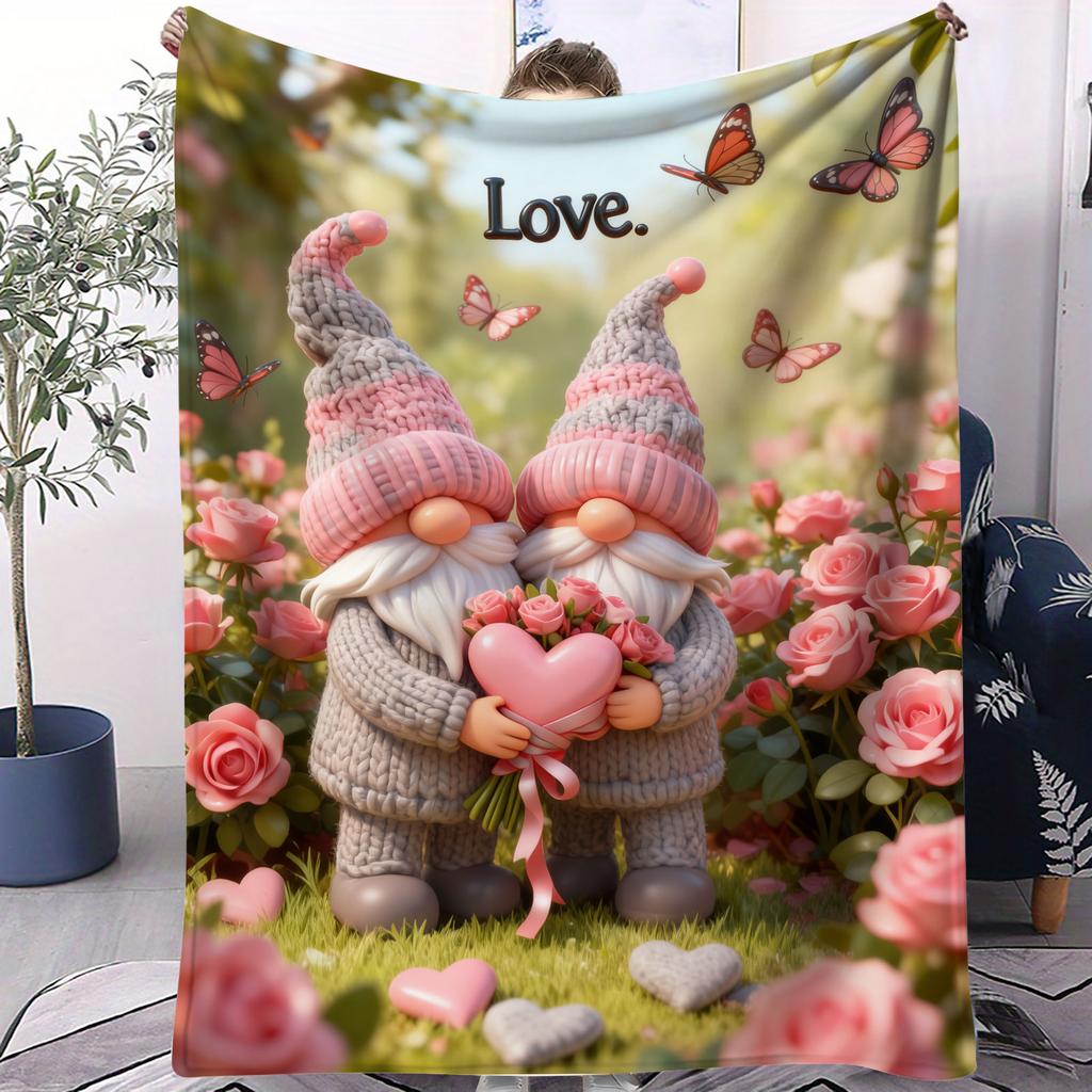 Cute Gnome Couple Flannel Blanket Heart Pattern Warm Throw Lightweight Cozy Cover for Living Room Christmas Valentine's Day Gift