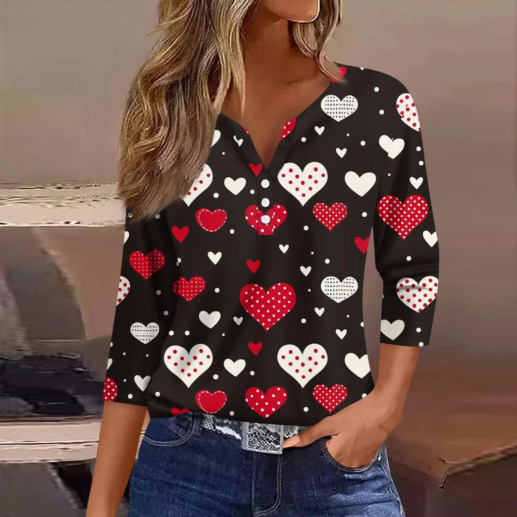 Women's Fashion Button-Up V-Neck Three-Quarter Sleeve Valentine's Day Print Top