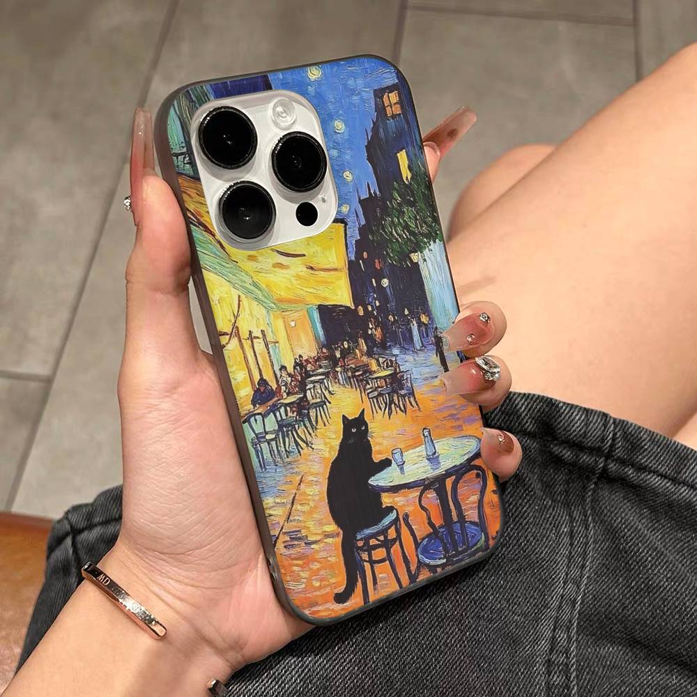 Funny Cats Van Gogh For IPhone 16 15 14 13 12 11 17 Pro Max Plus Wave Corrugated Phone Case Anti Drop Cover