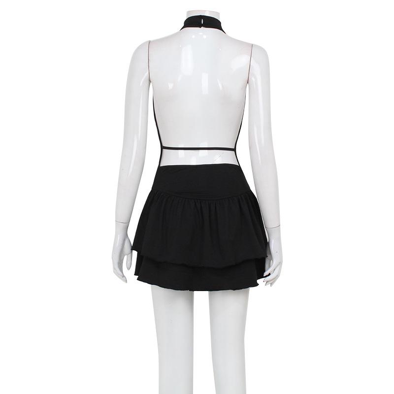 Women's clothing ins sexy backless neck low-cut swing neck fashion high-end sense solid color ruffle edge dress women