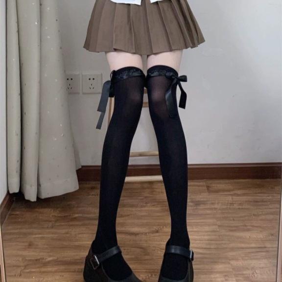Girl Satin Lace Thigh High Socks Bow RibbonJKKnee High over--Knee Socks Japanese  Girl Calf