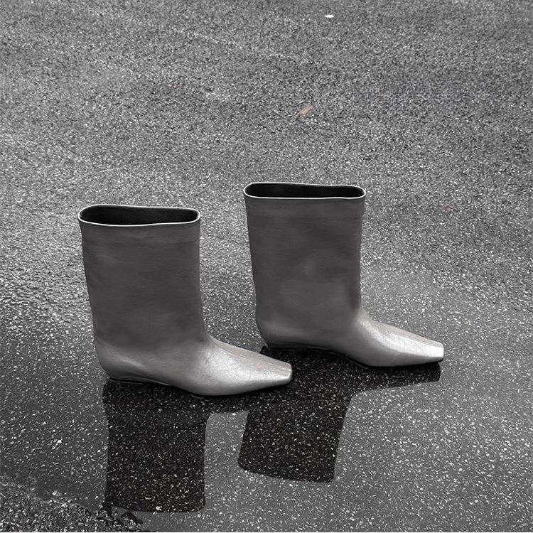 Long Women Boots Leather Small Square Head Wedge Mid Tube Boots Women's 2025 New Versatile Loose Tube Short Boots Woman