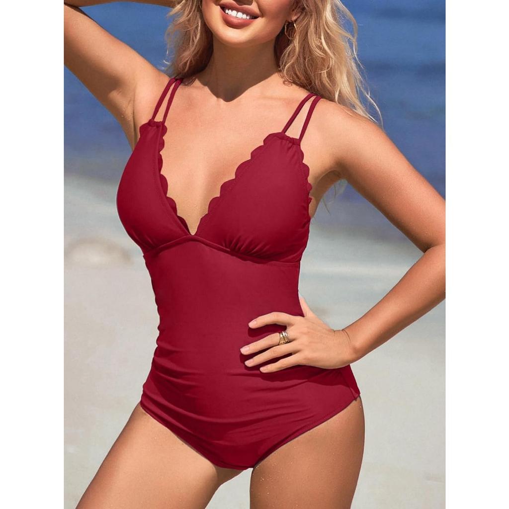 CHARMLEAKS Scalloped One Piece Swimsuit Women Ruched Tummy Control Bathing Suit Cut Out Monokini Swimwear