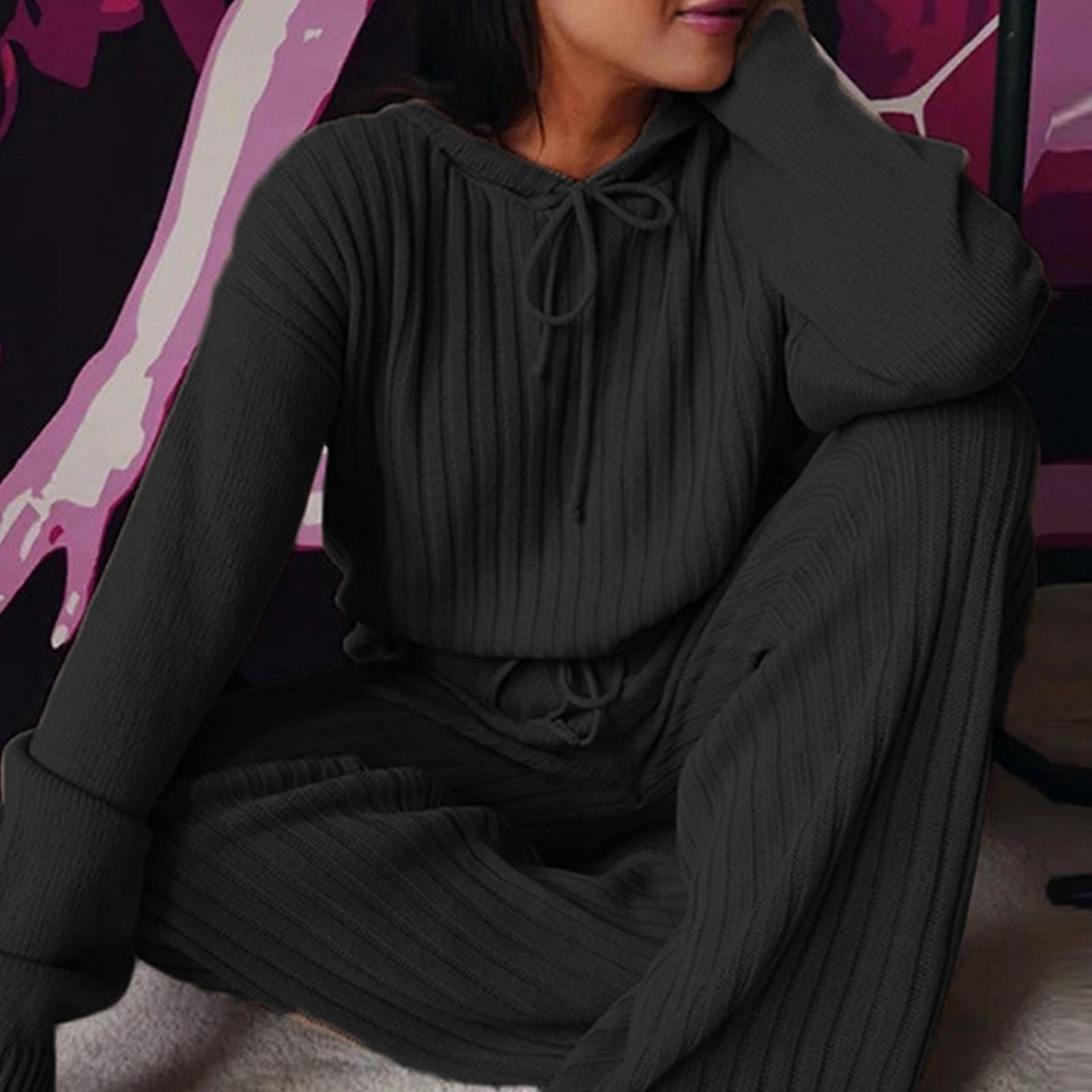 

Женский осенне-зимний модный повседневный домашний повседневный однотонный вязаный костюм с капюшоном, комплект из двух предметов XL