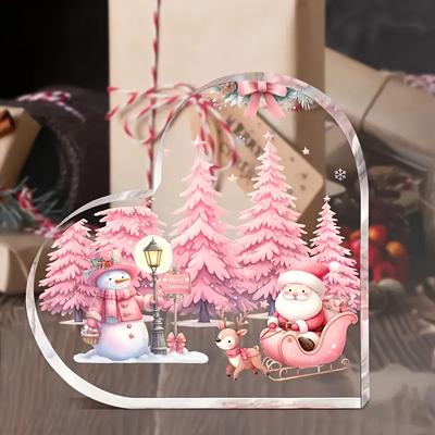 1pc Festive Christmas Acrylic Heart Decor - Snowman & Santa Sleigh Scene with 'Merry Christmas' Sign, Pink Tree Background, Holiday Tabletop