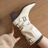 2026 British Style Belt Buckle Temperament Mid Tube Pointed Thick Heel Women's Short Boots