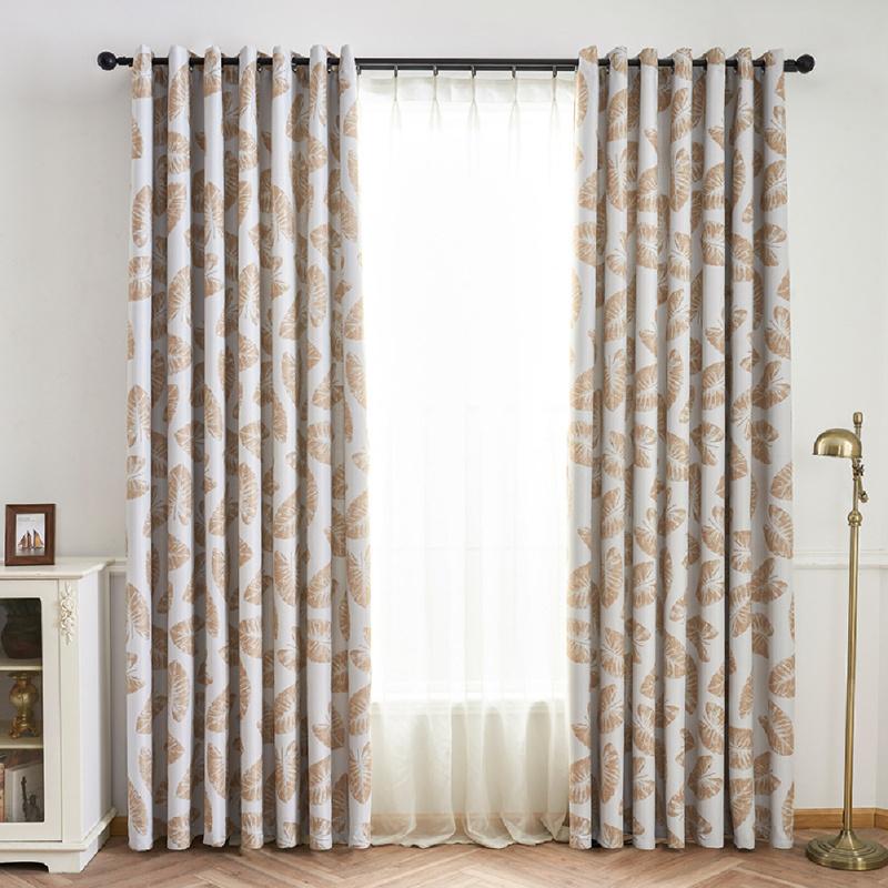 Leaf Printing Shading Window Curtain  with Hanging Holes 1*2.5m High Living Room Bedroom Drapes