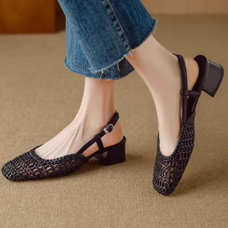 

Fashion Women s Fashion Baotou Sandals Summer New Square Head Shallow Hollow Breathable One Line Buckle Sole Heel Shoes 35