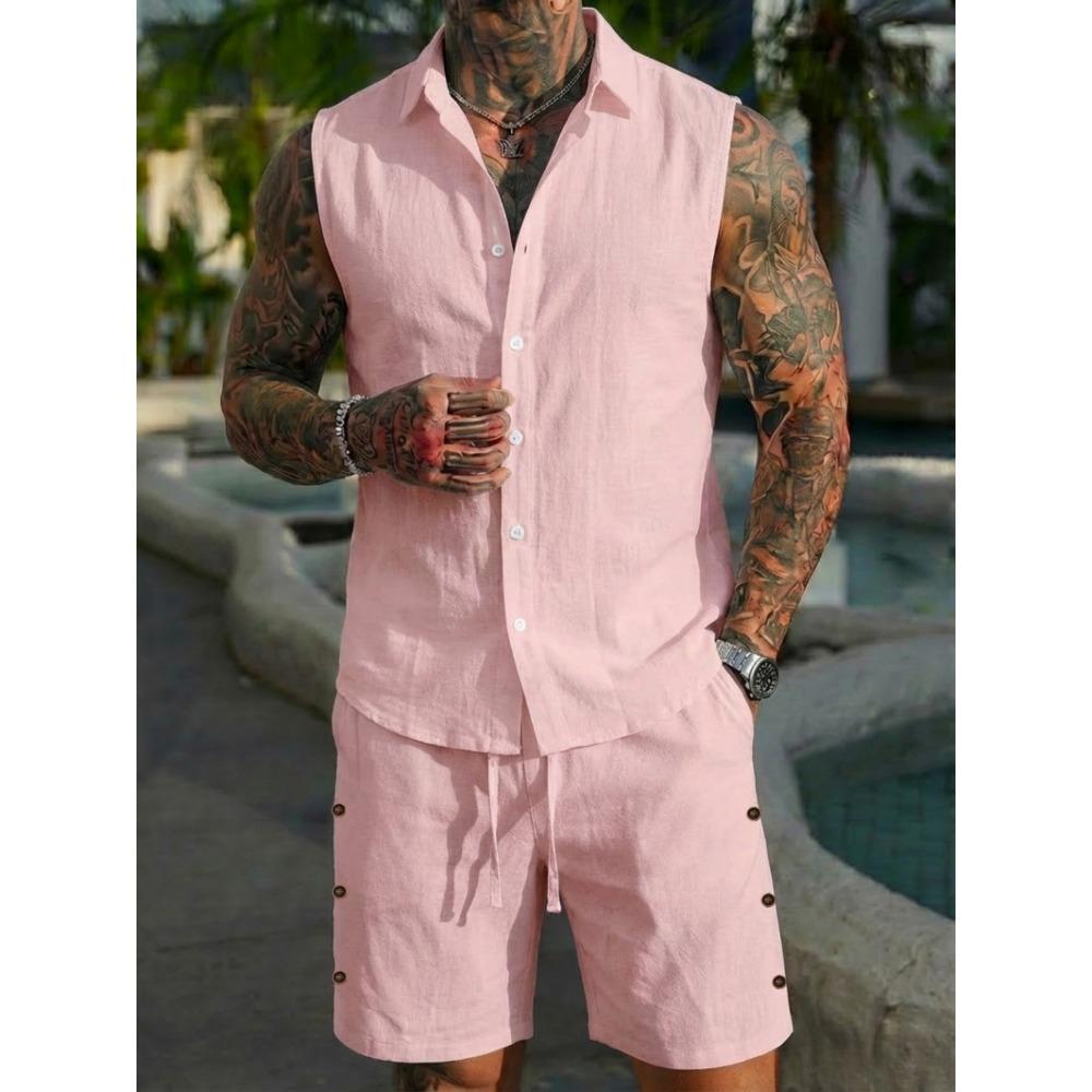Men’s Summer Sleeveless Collared Shirt Set – Plain-Coloured Linen Casual Beach Outfit
