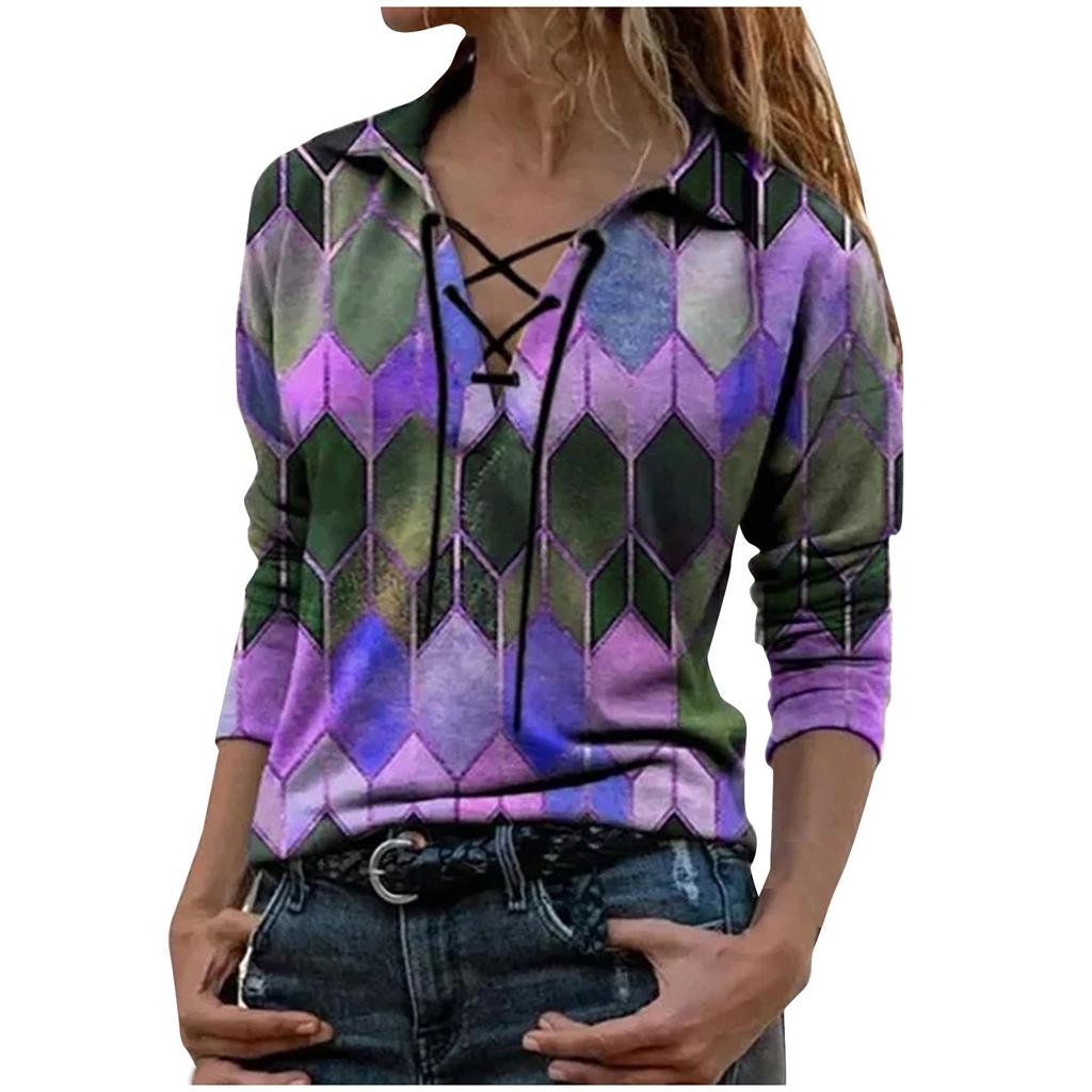 Fashion Women Prints Long Sleeve Color Matching Bandage Tops Blouses